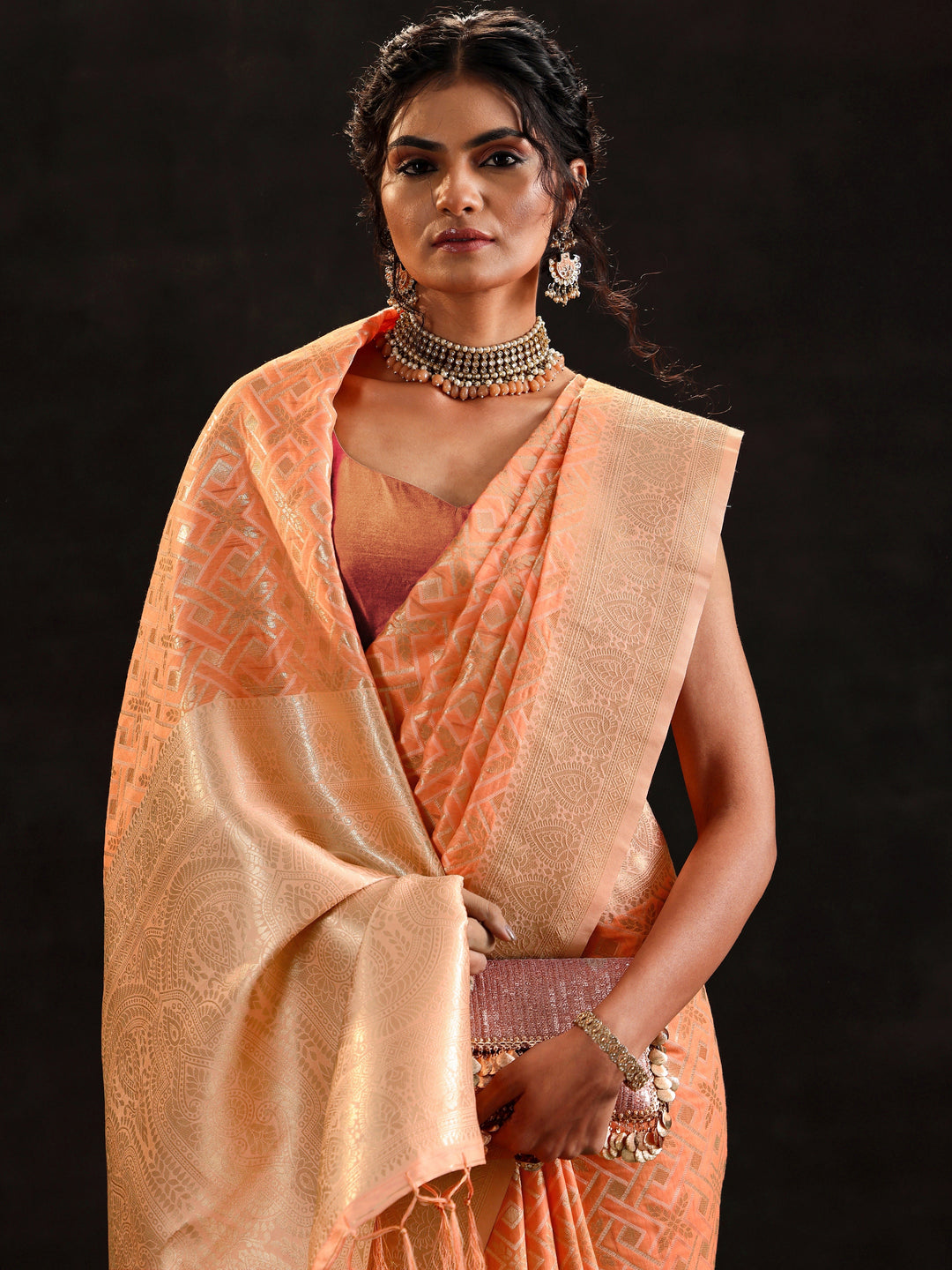 Orange Woven Design Silk Blend Saree With Unstitched Blouse Piece