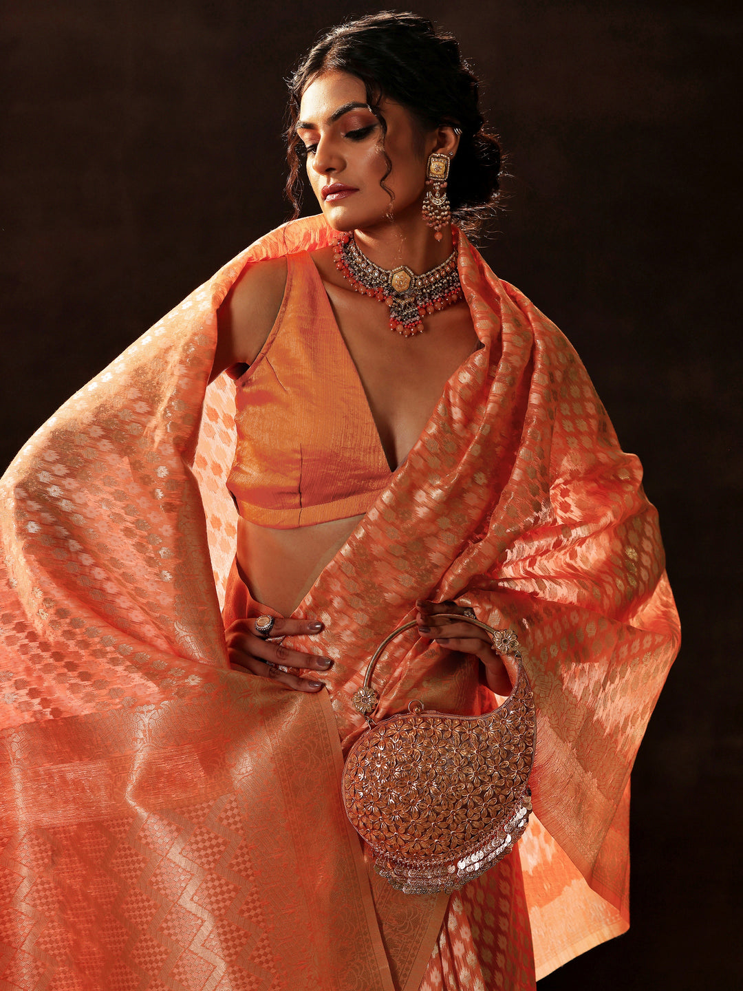 Orange Woven Design Silk Blend Saree With Unstitched Blouse Piece