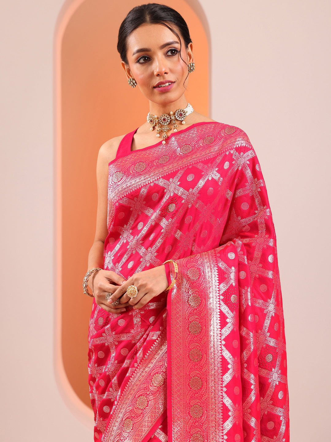 Pink Woven Design Banarasi Silk Blend Saree With Unstitched Blouse Piece