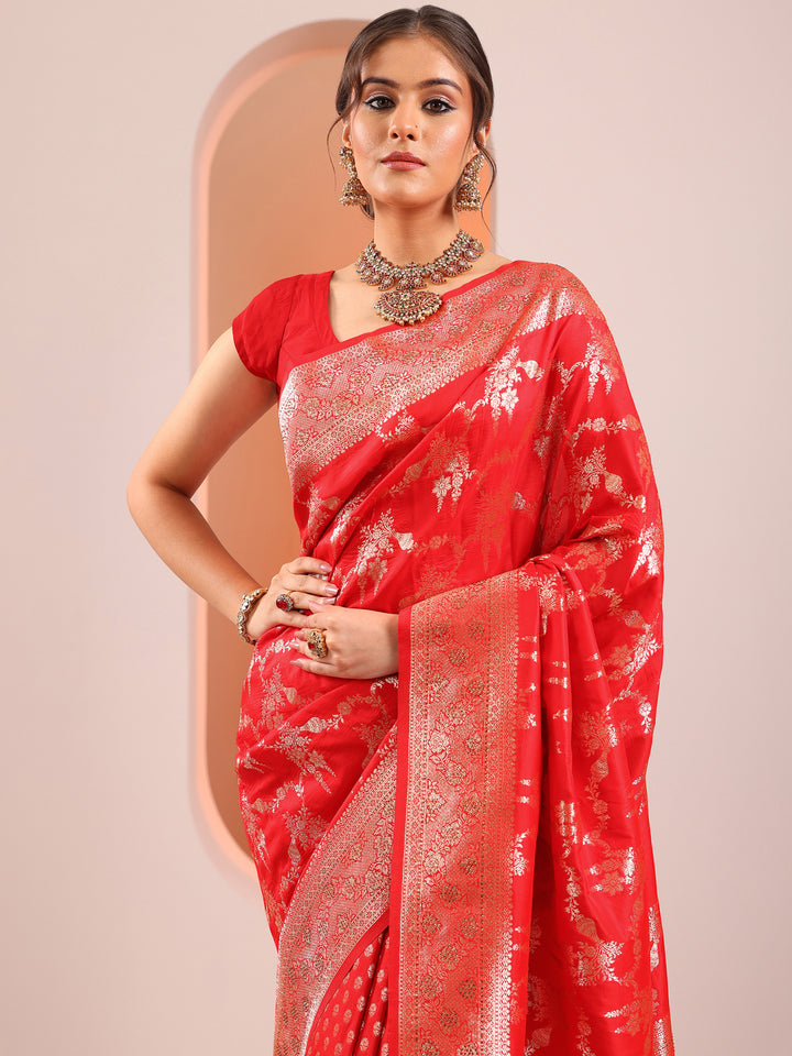 Red Woven Design Silk Blend Saree With Unstitched Blouse Piece
