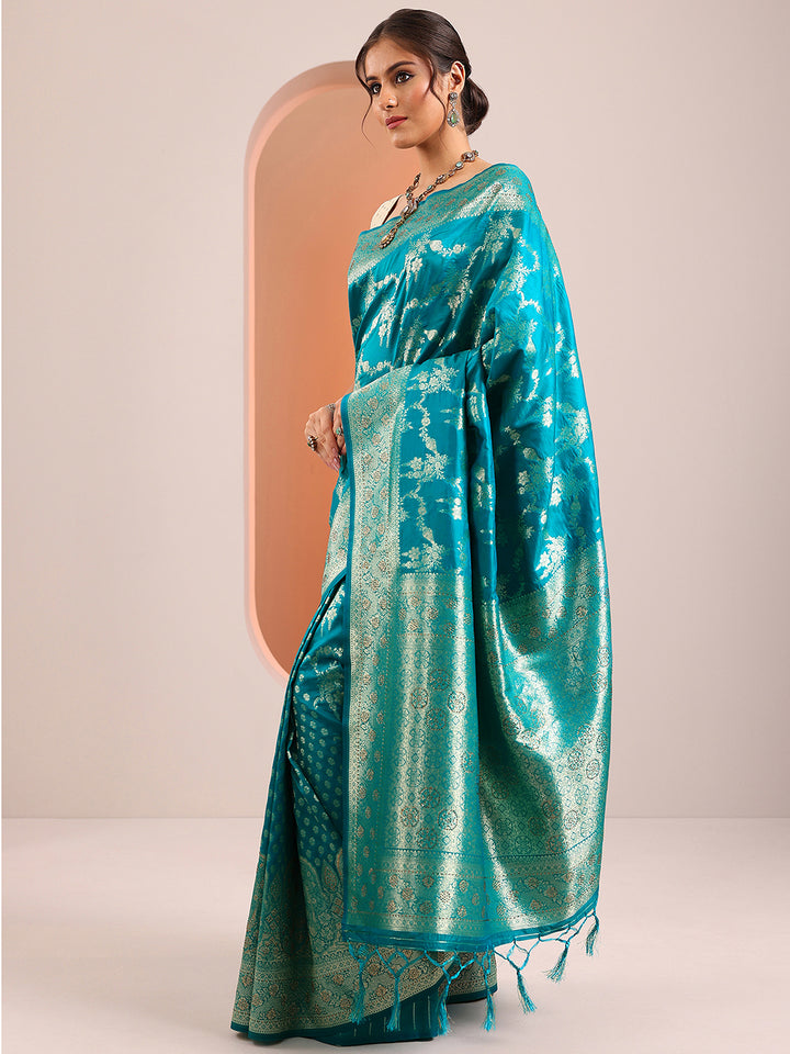 Blue Woven Design Banarasi Silk Blend Saree With Unstitched Blouse Piece