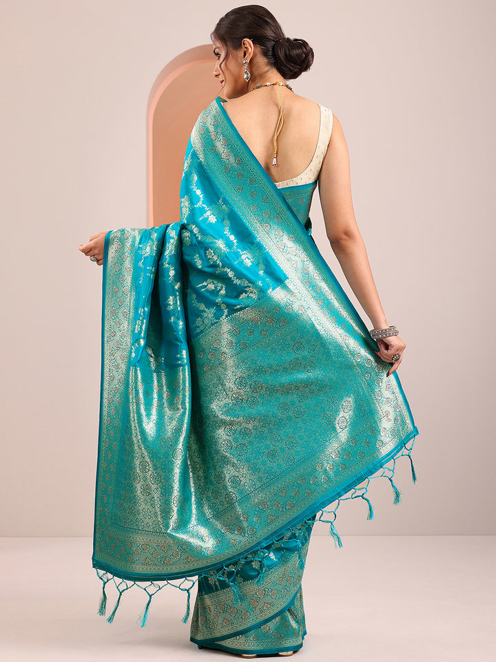 Blue Woven Design Banarasi Silk Blend Saree With Unstitched Blouse Piece