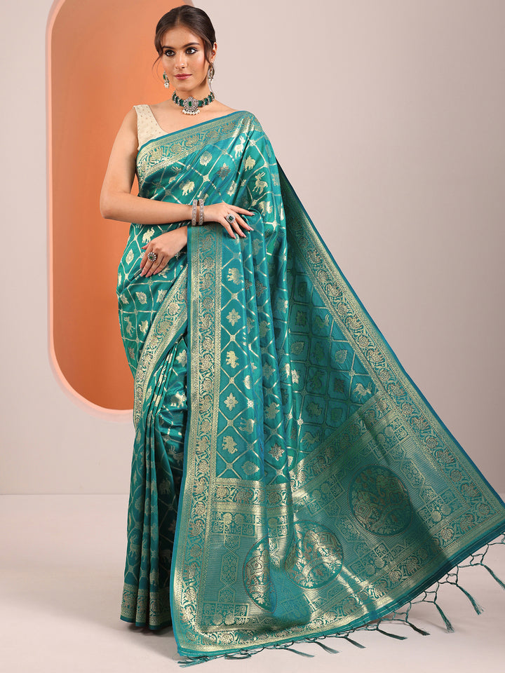 Teal Woven Design Silk Blend Sarees With Unstitched Blouse Piece