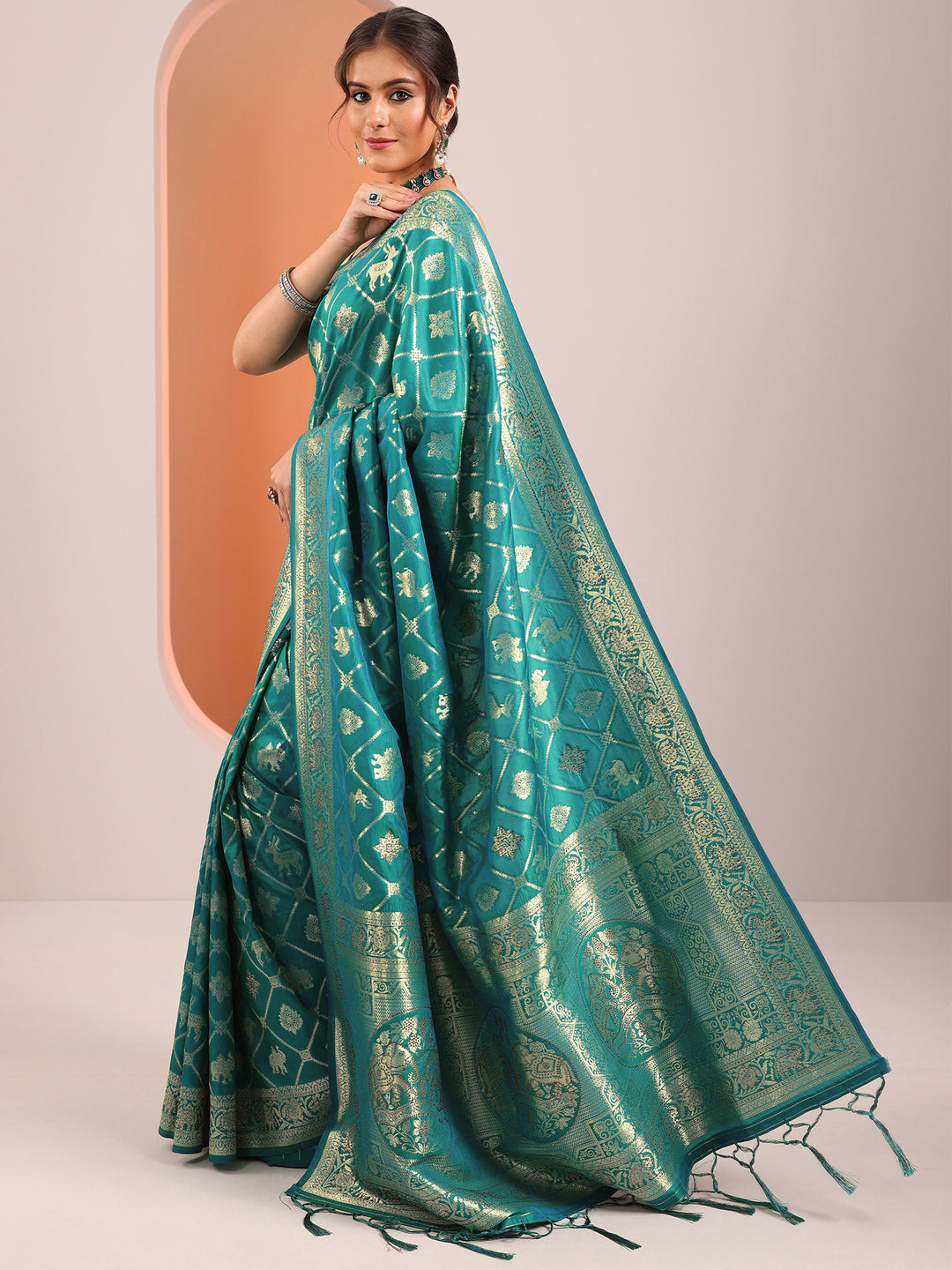 Teal Woven Design Silk Blend Sarees With Unstitched Blouse Piece