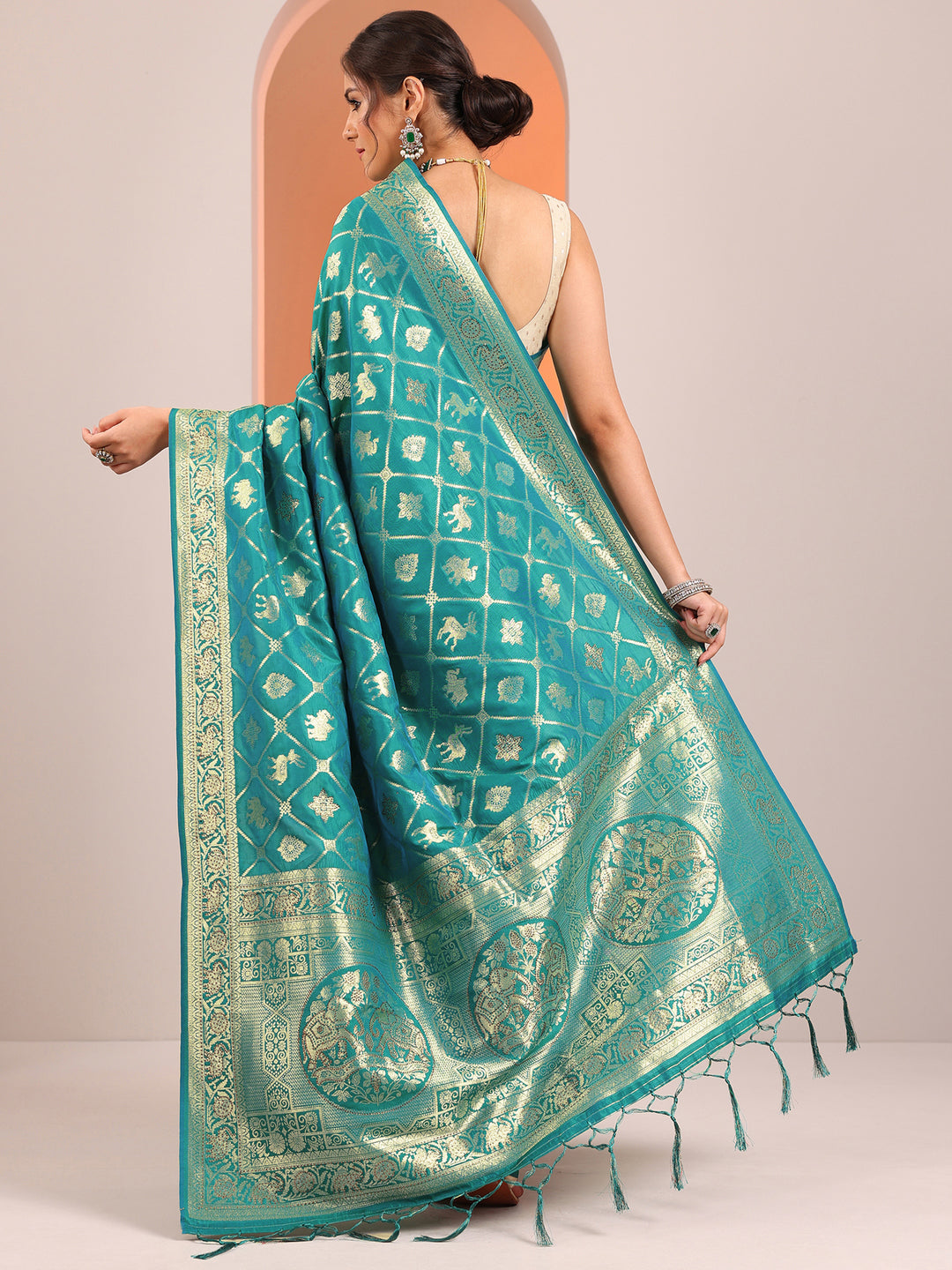 Teal Woven Design Silk Blend Sarees With Unstitched Blouse Piece