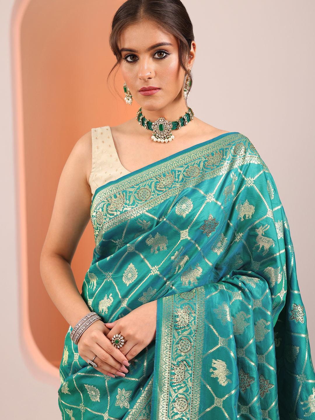 Teal Woven Design Silk Blend Sarees With Unstitched Blouse Piece