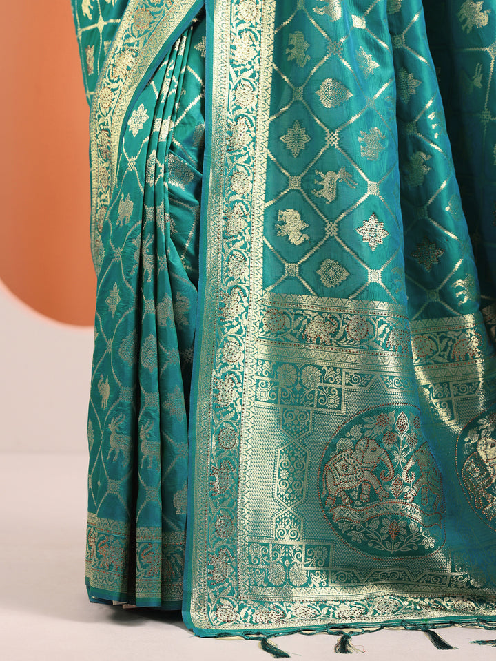 Teal Woven Design Silk Blend Sarees With Unstitched Blouse Piece