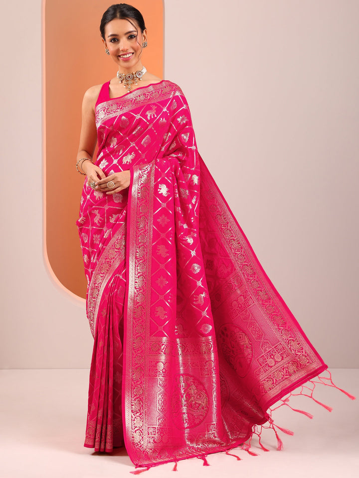 Pink Woven Design Banarasi Silk Blend Saree With Unstitched Blouse Piece
