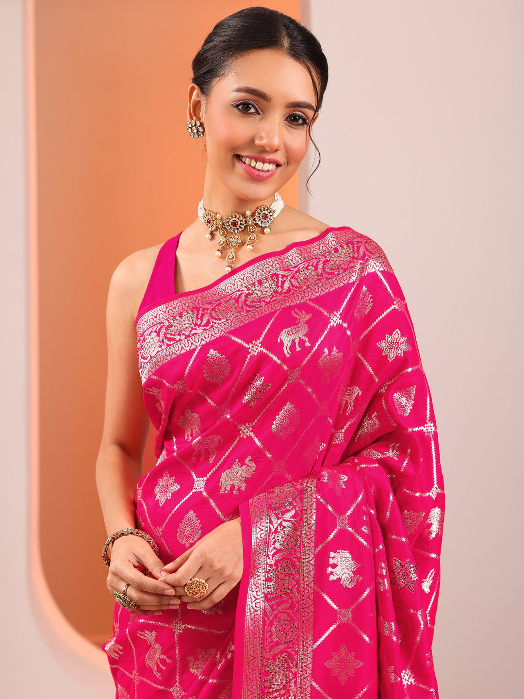 Pink Woven Design Banarasi Silk Blend Saree With Unstitched Blouse Piece