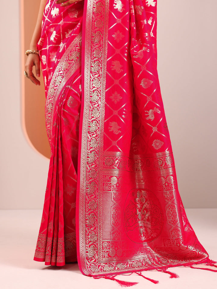 Pink Woven Design Banarasi Silk Blend Saree With Unstitched Blouse Piece