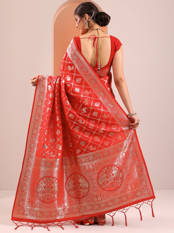 Red Woven Design Silk Blend Saree With Unstitched Blouse Piece