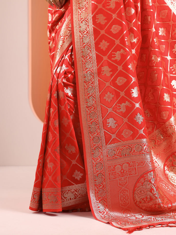 Red Woven Design Silk Blend Saree With Unstitched Blouse Piece