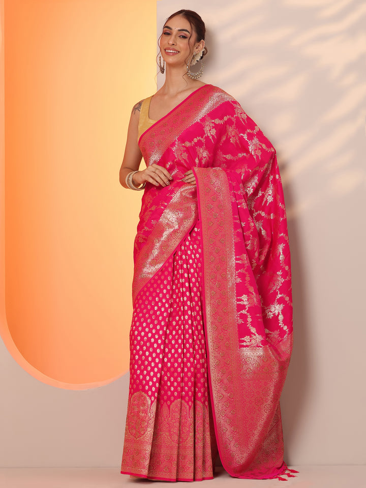 Pink Woven Design Silk Blend Saree With Unstitched Blouse Piece