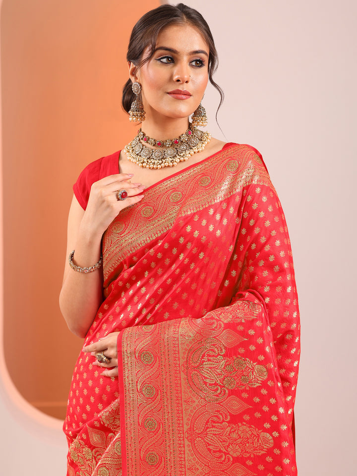 Red Woven Design Silk Blend Saree With Unstitched Blouse Piece