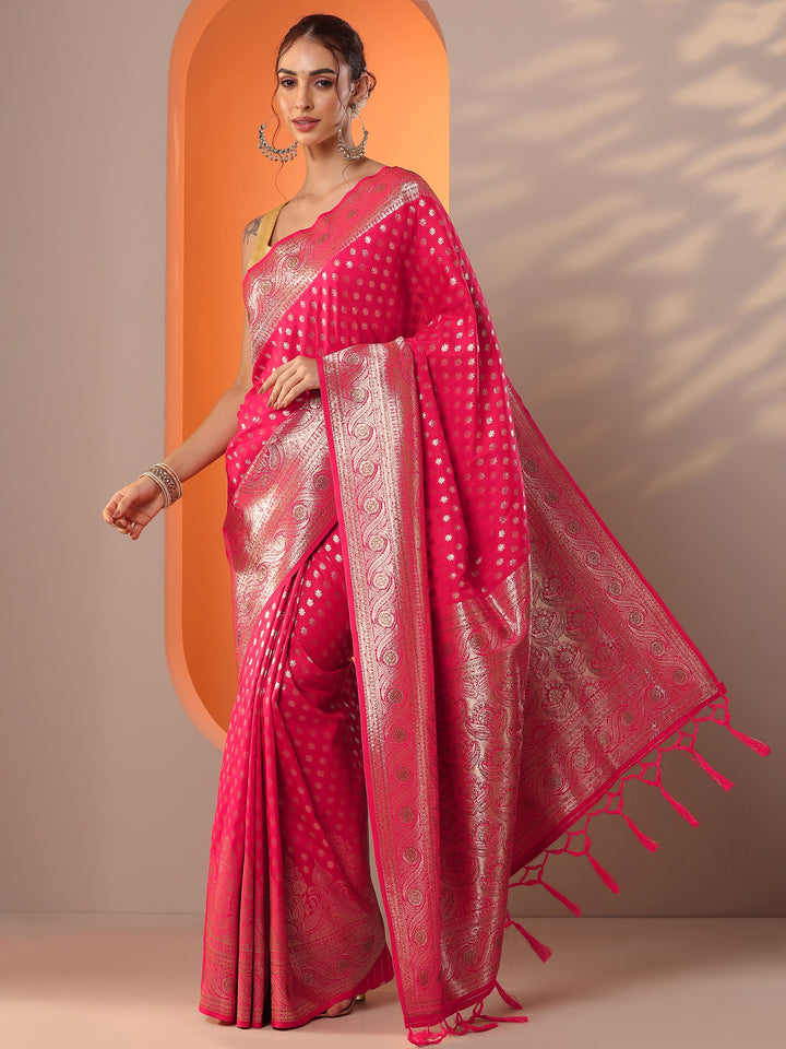 Pink  Silk Blend Saree With Unstitched Blouse Piece