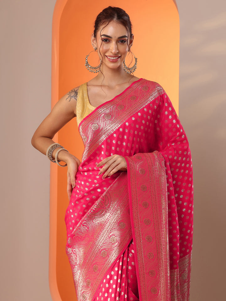 Pink  Silk Blend Saree With Unstitched Blouse Piece