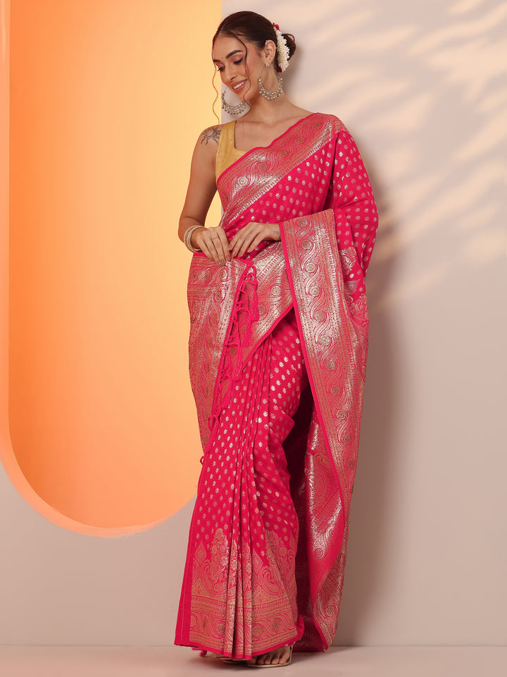 Pink  Silk Blend Saree With Unstitched Blouse Piece