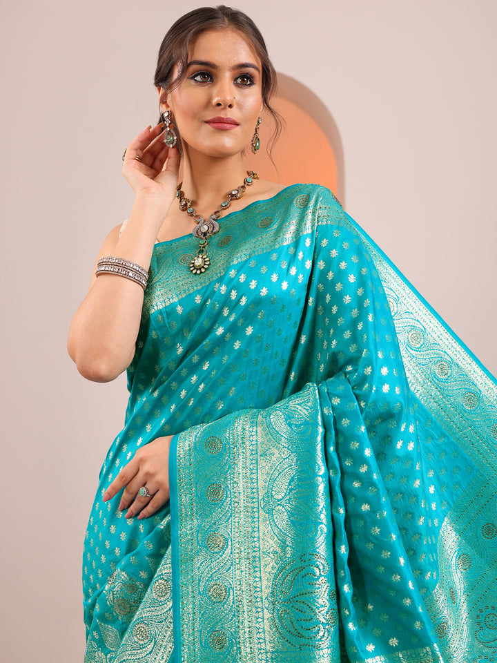 Blue Woven Design Banarasi Silk Blend Saree With Unstitched Blouse Piece
