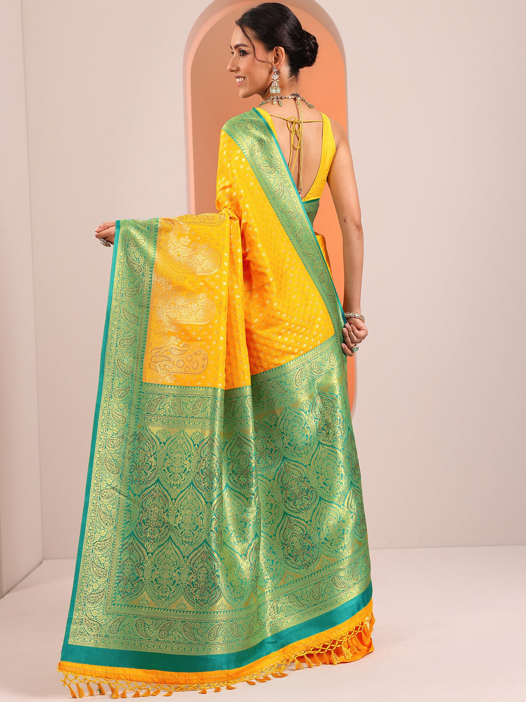Yellow Woven Design Banarasi Silk Blend Saree With Unstitched Blouse Piece