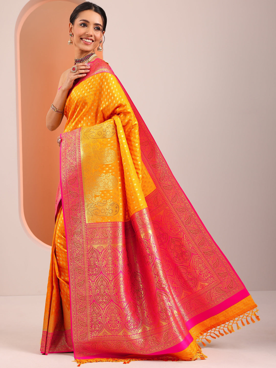 Yellow Embellished Silk Blend Sarees With Unstitched Blouse Piece