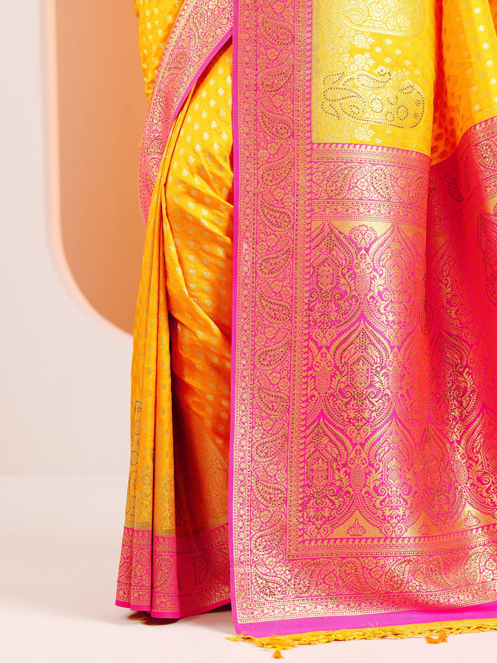 Yellow Embellished Silk Blend Sarees With Unstitched Blouse Piece