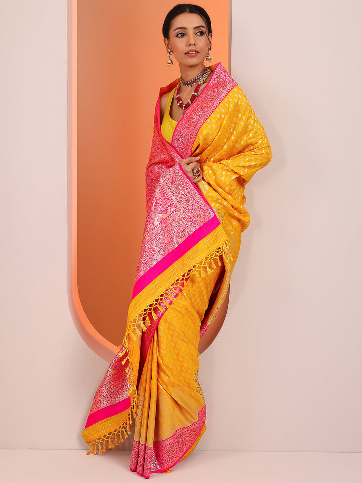 Yellow  Silk Blend Saree With Unstitched Blouse Piece