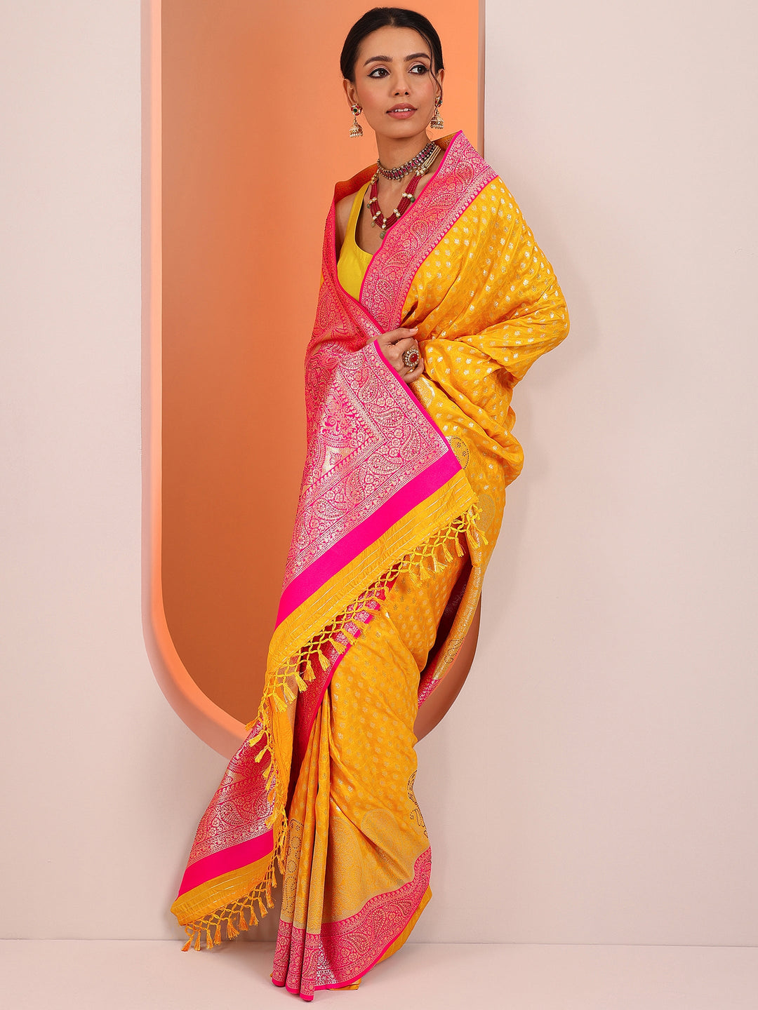 Yellow Embellished Silk Blend Sarees With Unstitched Blouse Piece