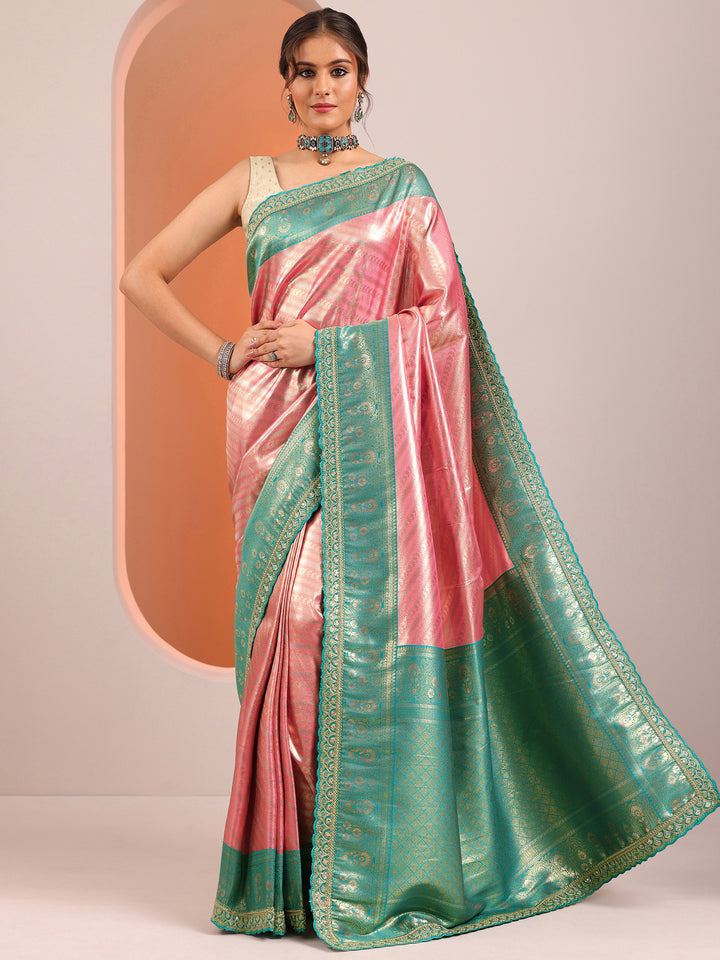 Peach Woven Design Banarasi Silk Blend Saree With Unstitched Blouse Piece