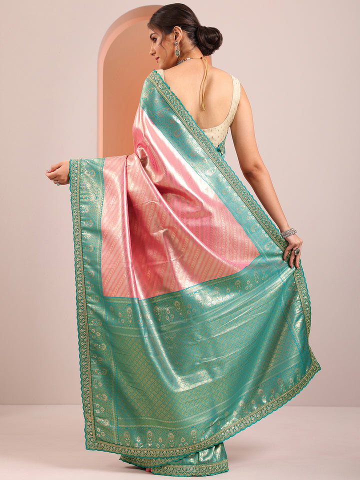 Peach Woven Design Banarasi Silk Blend Saree With Unstitched Blouse Piece