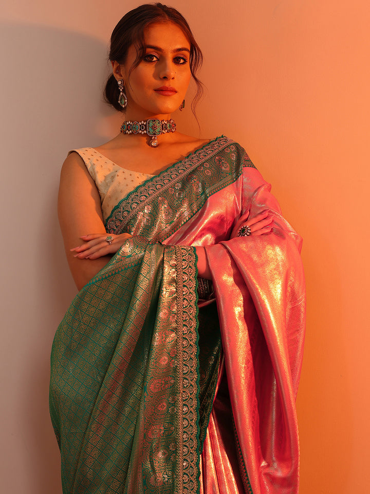 Peach Woven Design Banarasi Silk Blend Saree With Unstitched Blouse Piece