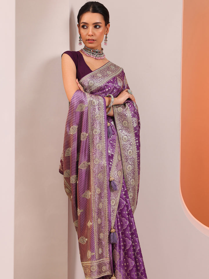 Purple Woven Design Silk Blend Saree With Unstitched Blouse Piece