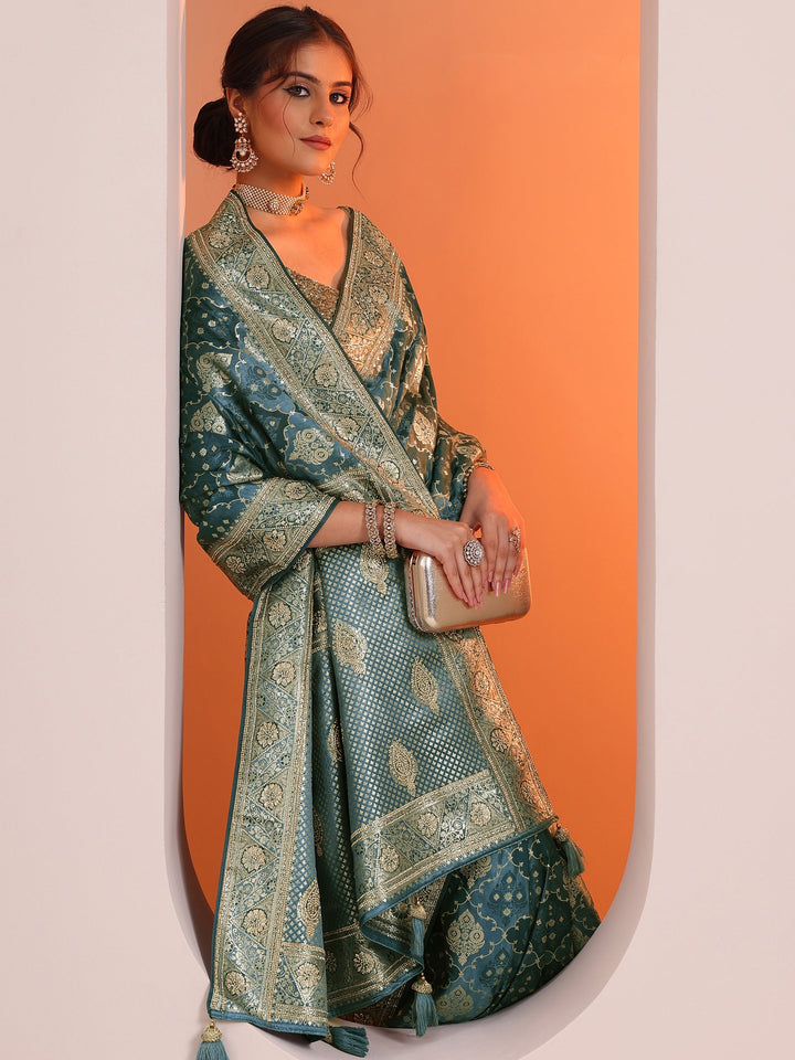 Blue Woven Design Silk Blend Saree With Unstitched Blouse Piece