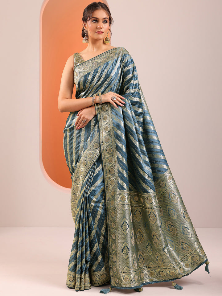 Blue Woven Design Silk Blend Saree With Unstitched Blouse Piece