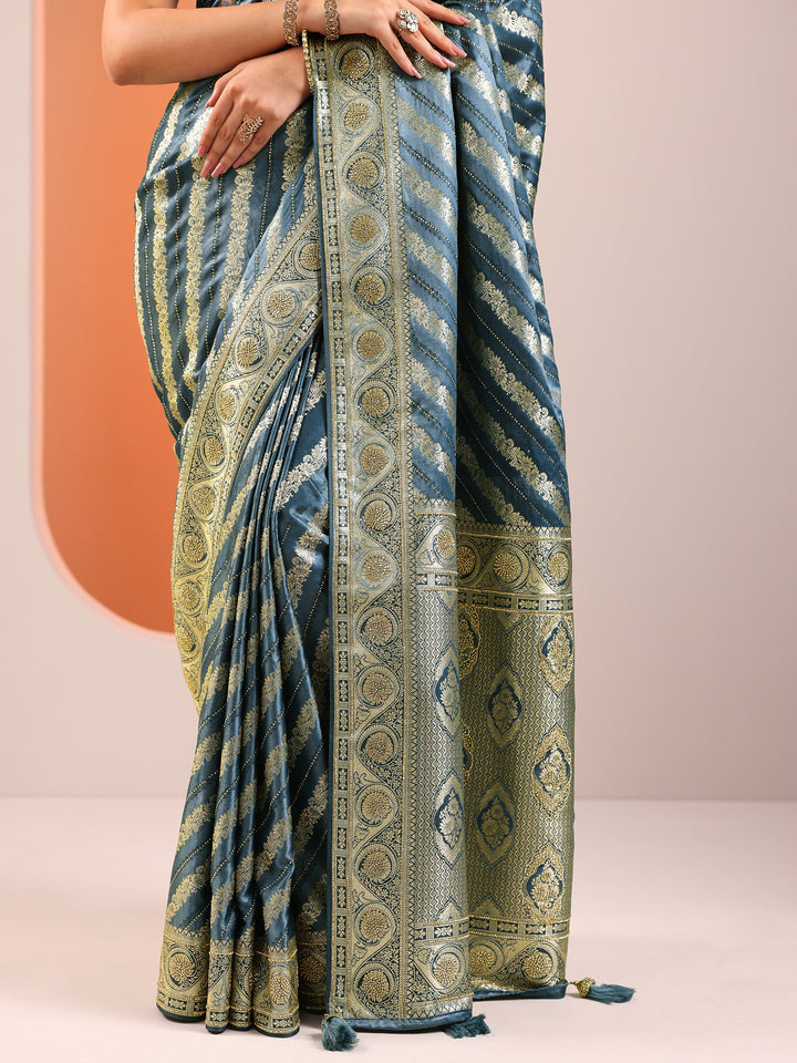 Blue Woven Design Silk Blend Saree With Unstitched Blouse Piece