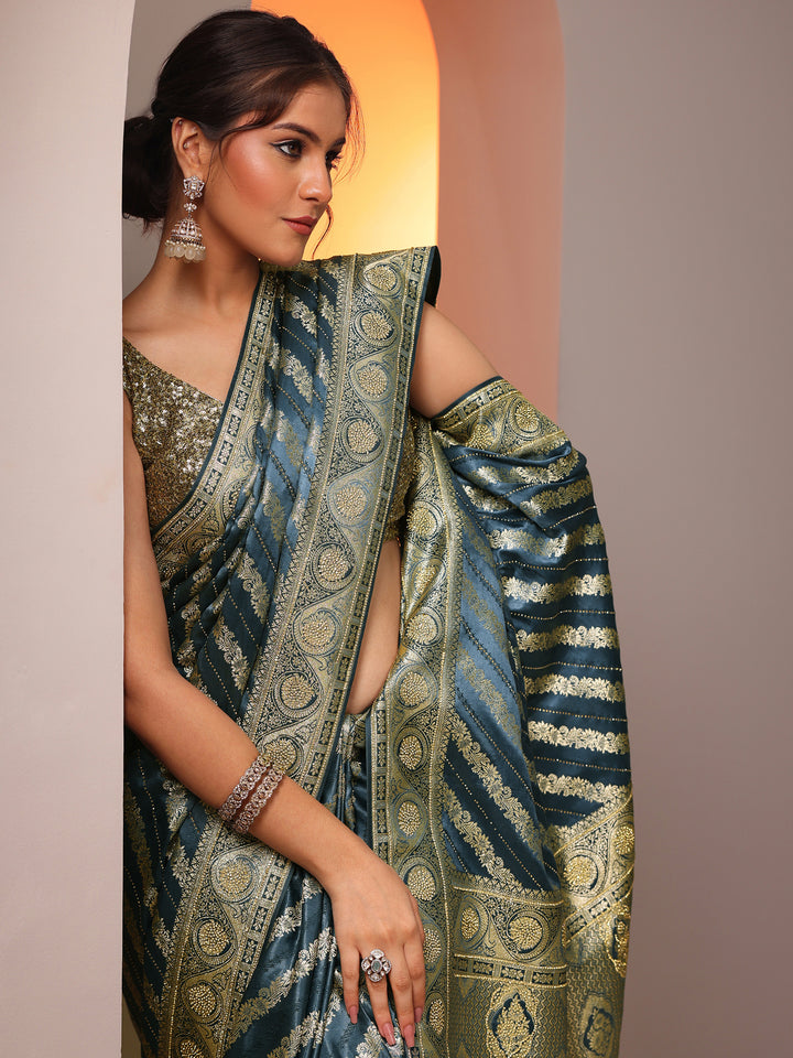 Blue Woven Design Silk Blend Saree With Unstitched Blouse Piece