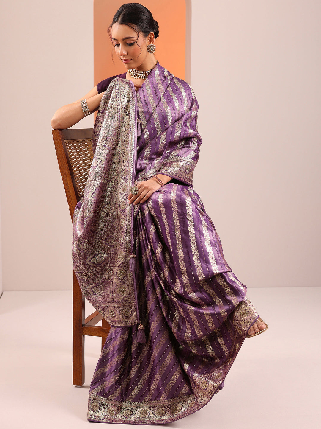 Purple Woven Design Silk Blend Saree With Unstitched Blouse Piece