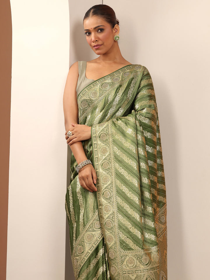 Olive Woven Design Banarasi Silk Blend Saree With Unstitched Blouse Piece