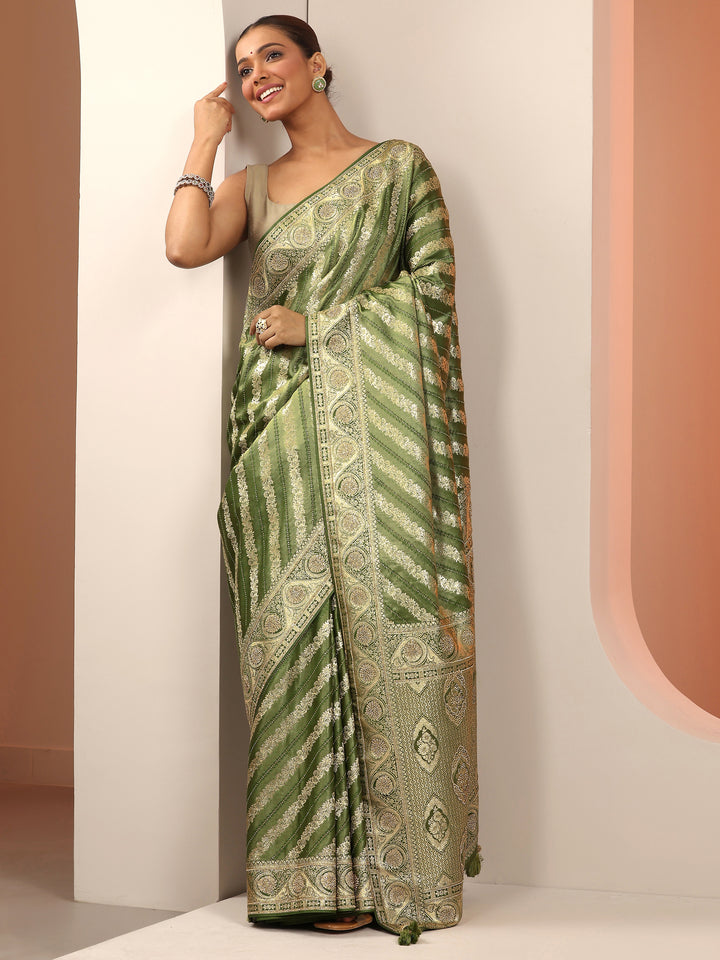 Olive Woven Design Banarasi Silk Blend Saree With Unstitched Blouse Piece