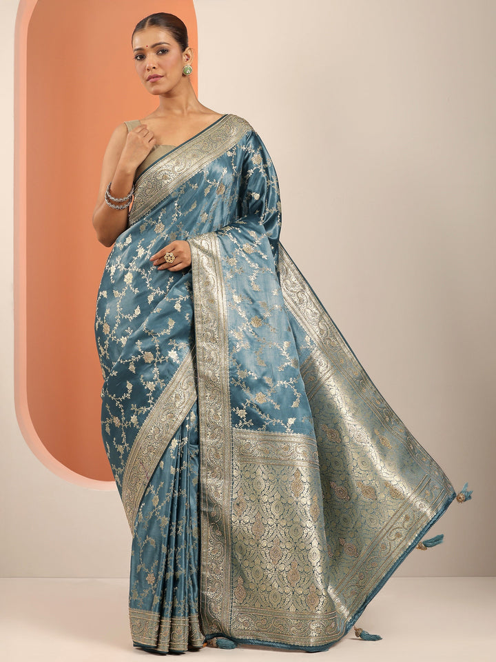 Blue  Silk Blend Saree With Unstitched Blouse Piece