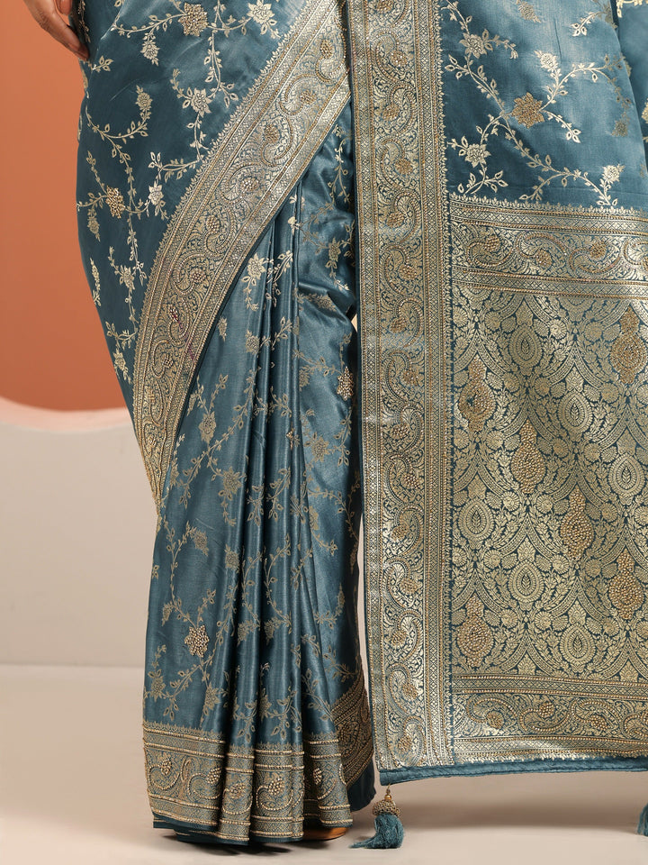 Blue  Silk Blend Saree With Unstitched Blouse Piece