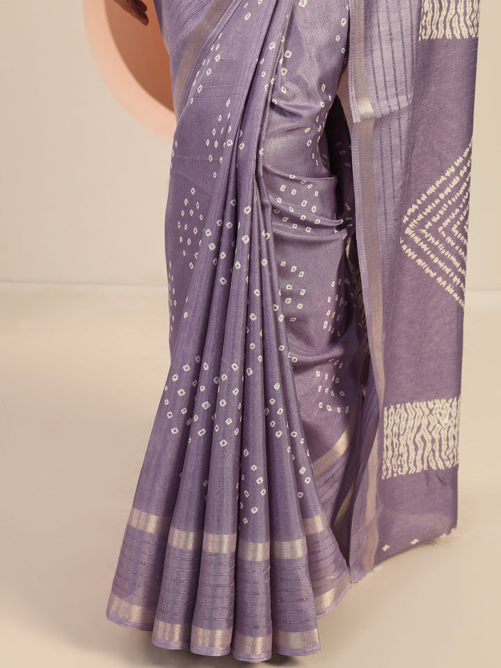 Lavender Printed Silk Blend Saree With Unstitched Blouse Piece