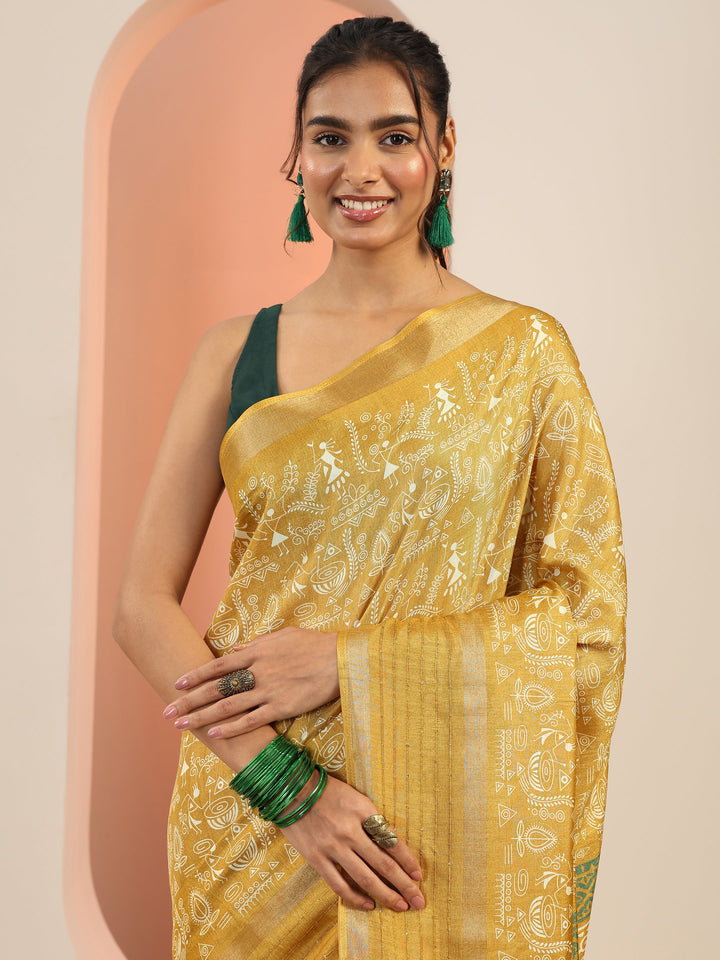 Mustard Printed Silk Blend Saree With Unstitched Blouse Piece