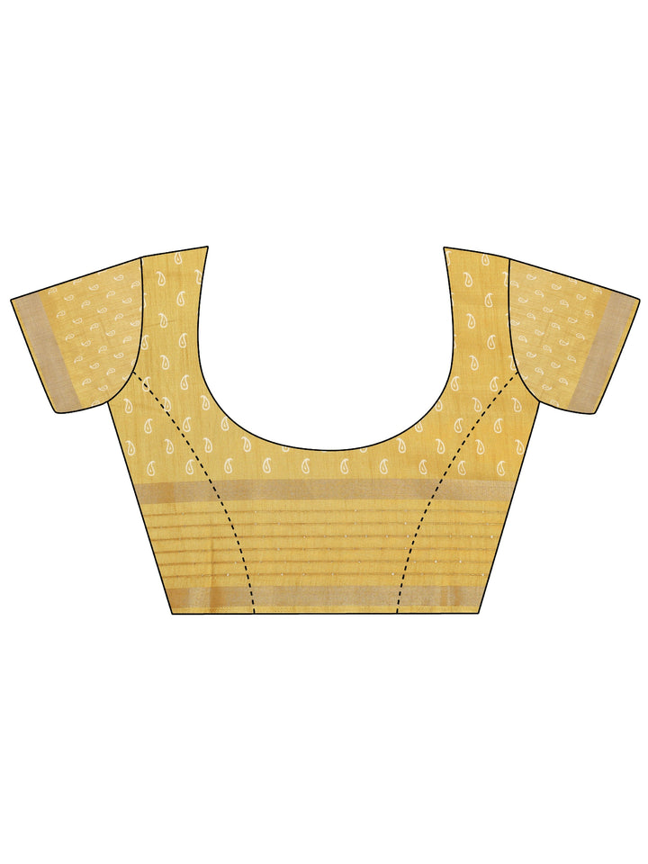 Mustard Printed Silk Blend Saree With Unstitched Blouse Piece