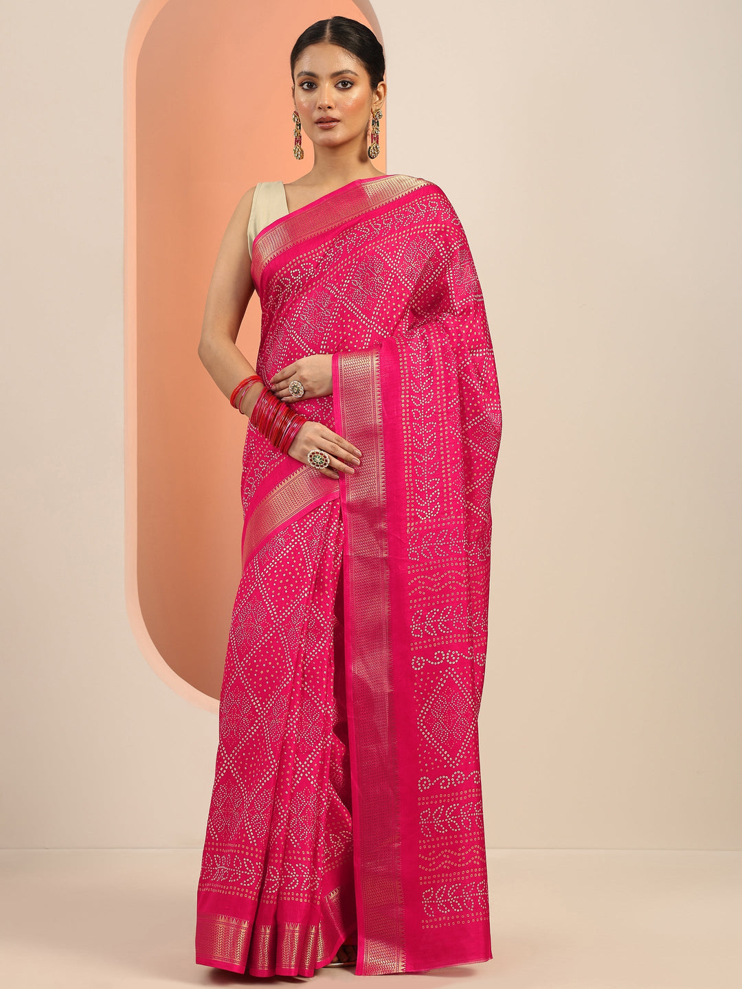 Libas Pink Printed Silk Blend Saree With Unstitched Blouse Piece