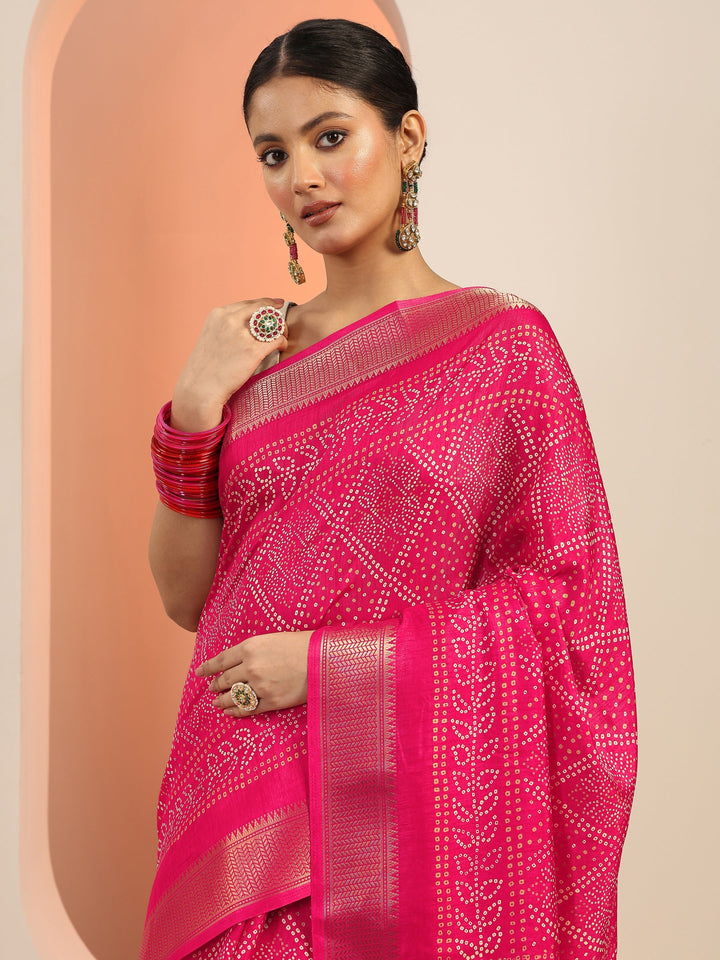 Libas Pink Printed Silk Blend Saree With Unstitched Blouse Piece