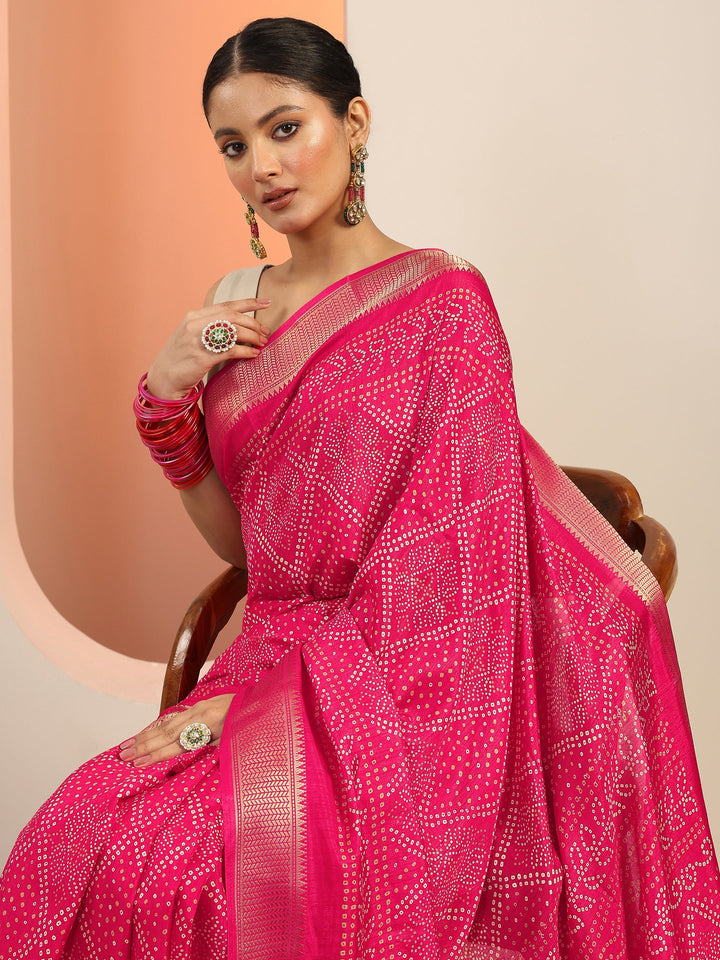 Libas Pink Printed Silk Blend Saree With Unstitched Blouse Piece
