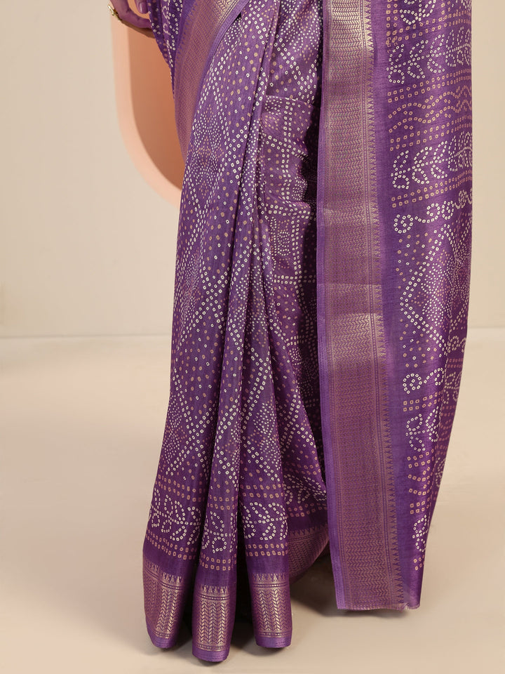 Lavender Printed Silk Blend Saree With Unstitched Blouse Piece