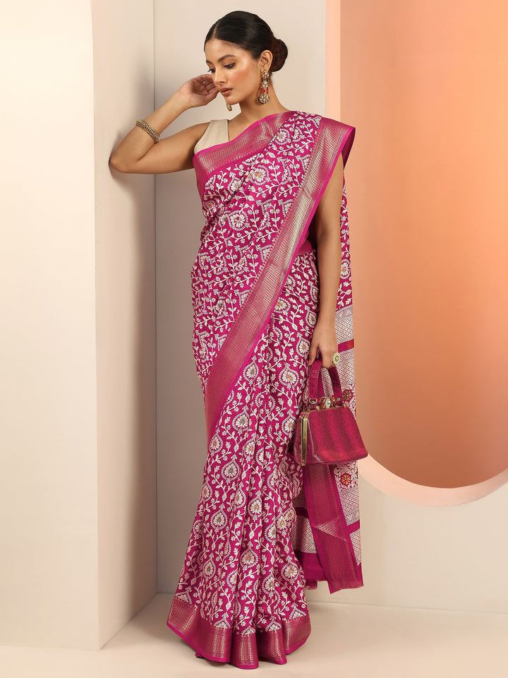 Maroon Printed Silk Blend Saree With Unstitched Blouse Piece
