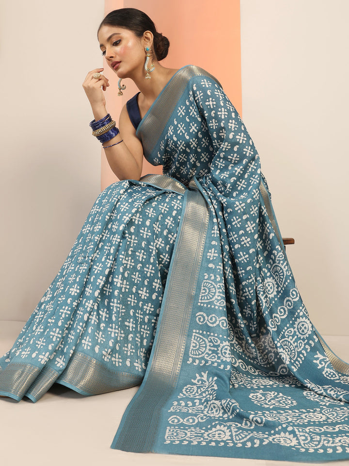 Blue Printed Silk Blend Saree With Unstitched Blouse Piece