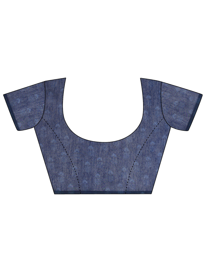 Blue Printed Silk Blend Saree With Unstitched Blouse Piece